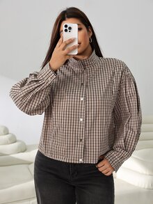 Solflare New Versatile Retro Mocha Brown Plaid Print Woven Loose Fit Plus Size Jacket For Outings, Dates And City Walks Fall - Multicolor - View 6