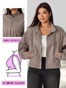 Solflare New Versatile Retro Mocha Brown Plaid Print Woven Loose Fit Plus Size Jacket For Outings, Dates And City Walks Fall - Multicolor - View 2