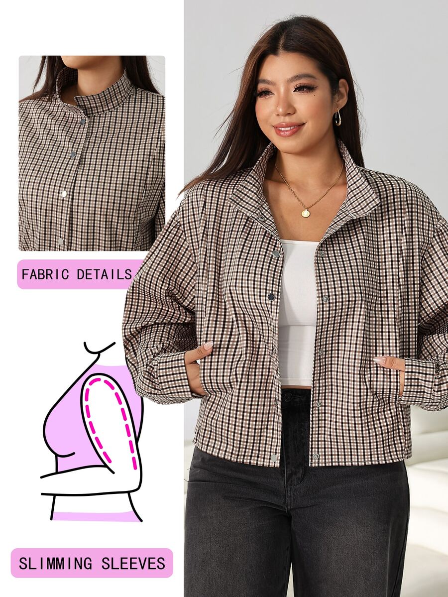 Solflare New Versatile Retro Mocha Brown Plaid Print Woven Loose Fit Plus Size Jacket For Outings, Dates And City Walks Fall