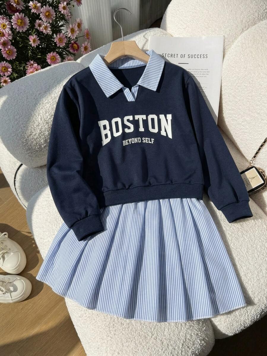 SHEIN Tween Girls Fall Outfits 2pcs/Set Round Neck Spring/Autumn Cute Navy Blue Blue And White Plaid Colorblock Letter Print Long Sleeve School Student 80s - Navy Blue - View 1