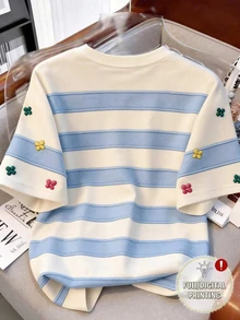 Resyla [Printed Design] Plus Size Women Striped Contrast Floral Print Round Neck T-Shirt - Multicolor - View 2