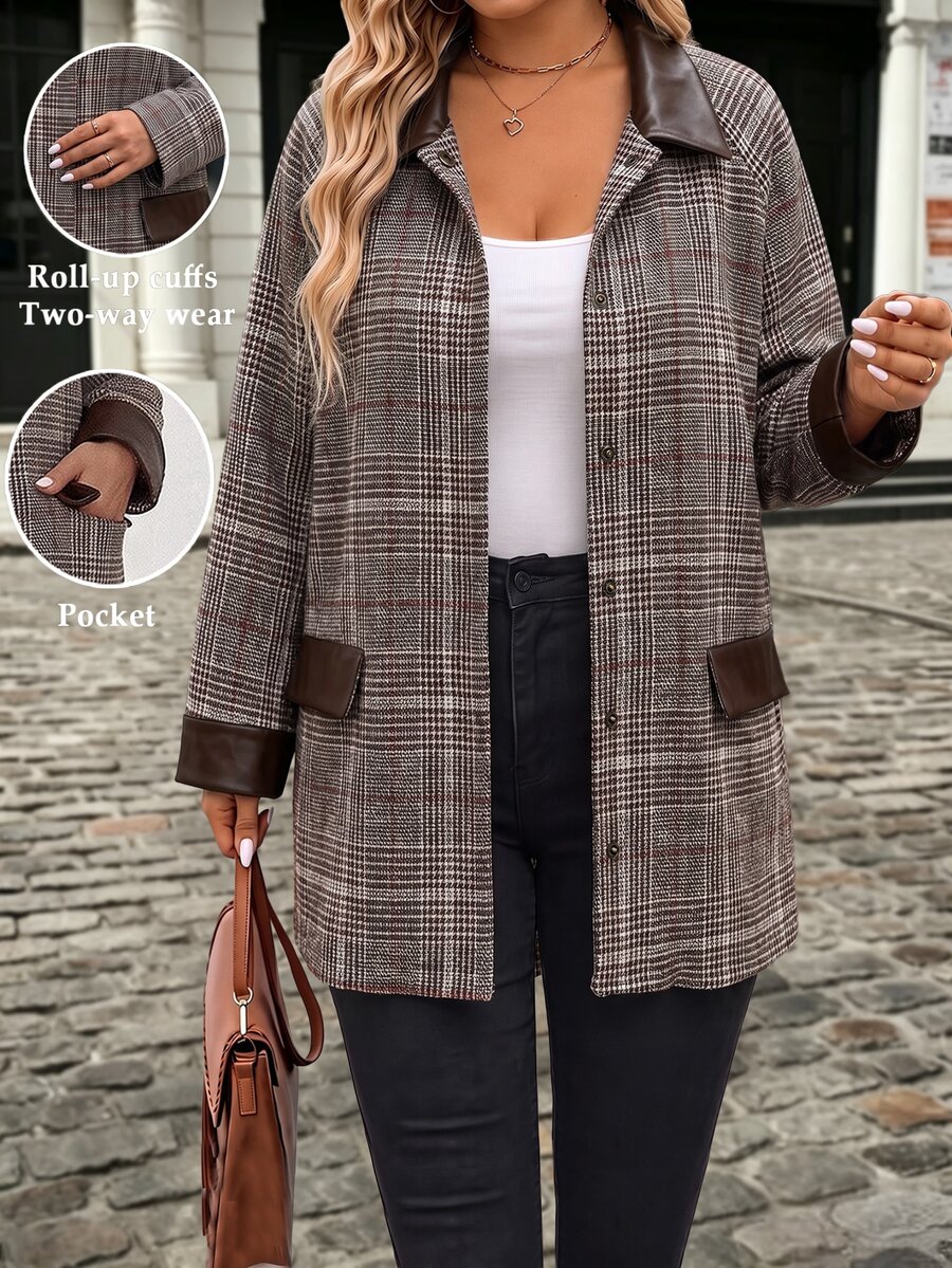 EMERY ROSE CURVE Autumn/Winter Plus Size Women's Vintage Plaid Jacket With Leather Patchwork Lapel Long Sleeve Loose Fit Versatile Commuter Blazer Fall - Multicolor - View 1