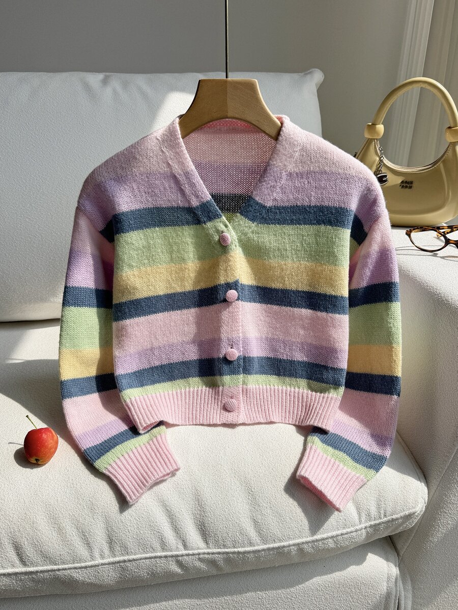 Tween Girls' Colorblock Striped Knit Cardigan, Short Length, Simple Sweet Cool Macaron Color Palette, Casual Versatile Vacation Style Autumn Winter - Multicolor - View 1