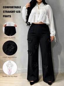 SHEIN Clasi Plus Size Women's Fashion Commuter Versatile Floral Decor Color Block Straight Leg Suit Pants - Black - View 8