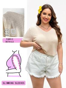 Solflare Casual Versatile Light Beige Sheer V-Neck Plus Size T-Shirt - Apricot - View 1