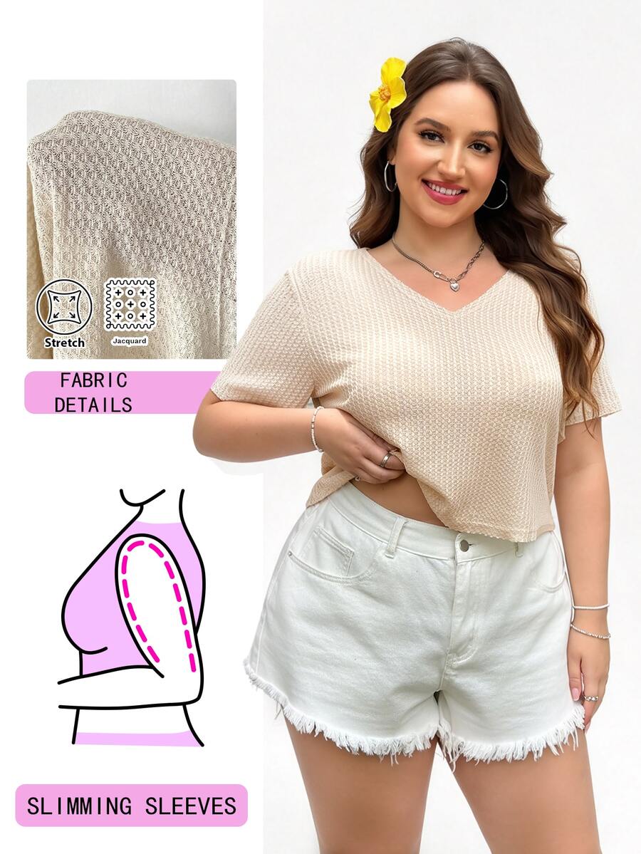Solflare Casual Versatile Light Beige Sheer V-Neck Plus Size T-Shirt - Apricot - View 1