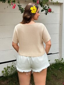 Solflare Casual Versatile Light Beige Sheer V-Neck Plus Size T-Shirt - Apricot - View 2