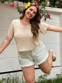 Solflare Casual Versatile Light Beige Sheer V-Neck Plus Size T-Shirt - Apricot - View 5