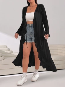 Solflare Plus Size Women Casual Solid Color Bell Sleeve Front Tie Ruffle Trim Long Cardigan,Back To School Winter Fall Autumn - Black - View 5