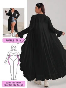 Solflare Plus Size Women Casual Solid Color Bell Sleeve Front Tie Ruffle Trim Long Cardigan,Back To School Winter Fall Autumn - Black - View 1