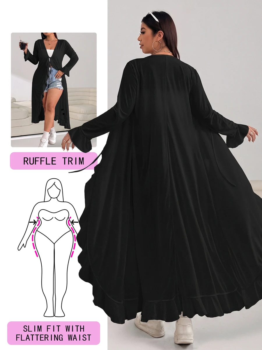 Solflare Plus Size Women Casual Solid Color Bell Sleeve Front Tie Ruffle Trim Long Cardigan,Back To School Winter Fall Autumn - Black - View 1