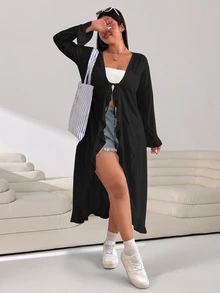 Solflare Plus Size Women Casual Solid Color Bell Sleeve Front Tie Ruffle Trim Long Cardigan,Back To School Winter Fall Autumn - Black - View 2