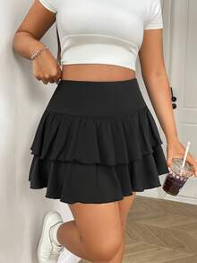 Solflare Plus Size Tiered Layered Black Casual Versatile Skirt Fall - Black - View 5