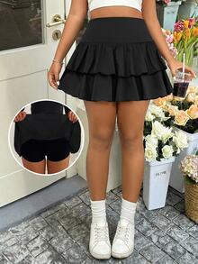 Solflare Plus Size Tiered Layered Black Casual Versatile Skirt Fall - Black - View 8