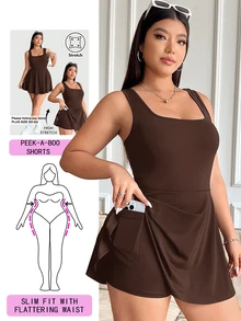 Solflare Women's Plus Size Sleeveless Jumpsuit With Inner Skirt And Pocket Shorts, Solid Color - Brown - View 1
