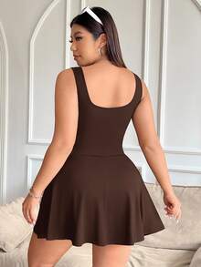 Solflare Women's Plus Size Sleeveless Jumpsuit With Inner Skirt And Pocket Shorts, Solid Color - Brown - View 2