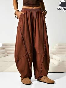 Solflare Plus Size Women Elastic Waist Pockets Frayed Hem Loose Casual Traditional Pants, Chocolate Brown Autumn Office Vacation - Brown - View 5