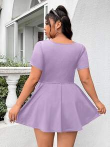 Solflare Plus Size Women's Purple Square Neck Romper,Summer Smart Casual Hiking A-Line Ruffle Hem High Elastic Quick Dry Breathable Sport Yoga Romper - Lilac Purple - View 3