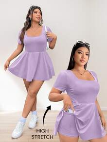 Solflare Plus Size Women's Purple Square Neck Romper,Summer Smart Casual Hiking A-Line Ruffle Hem High Elastic Quick Dry Breathable Sport Yoga Romper - Lilac Purple - View 5