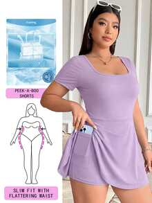 Solflare Plus Size Women's Purple Square Neck Romper,Summer Smart Casual Hiking A-Line Ruffle Hem High Elastic Quick Dry Breathable Sport Yoga Romper - Lilac Purple - View 2