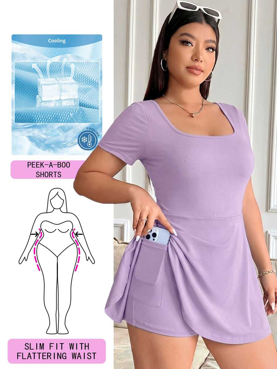 Solflare Plus Size Women's Purple Square Neck Romper,Summer Smart Casual Hiking A-Line Ruffle Hem High Elastic Quick Dry Breathable Sport Yoga Romper