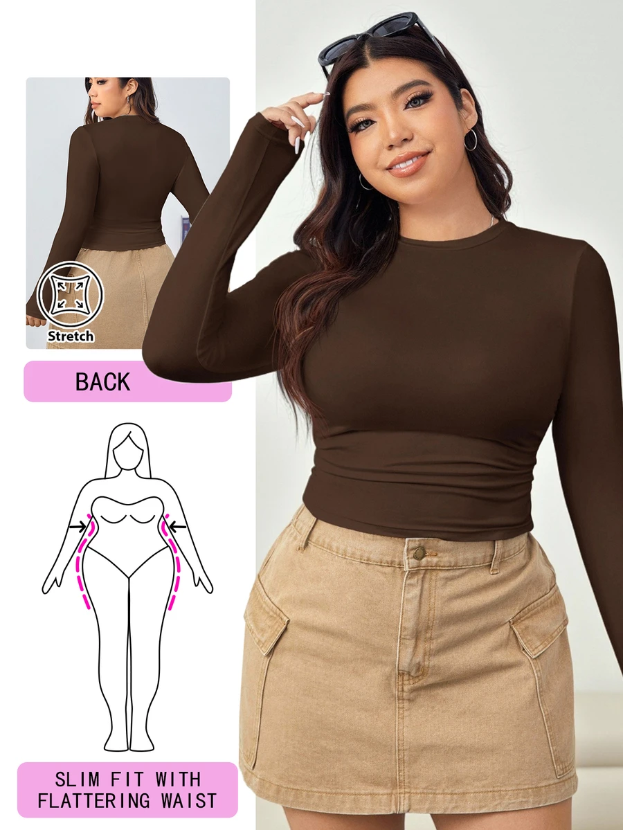 Solflare Plus Size Women Solid Color Long Sleeve Fitted T-Shirts Brown Top Chocolate Tops For Top,Fall - Coffee Brown - View 1