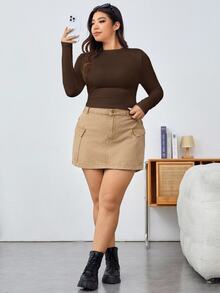 Solflare Plus Size Women Solid Color Long Sleeve Fitted T-Shirts Brown Top Chocolate Tops For Top,Fall - Coffee Brown - View 5
