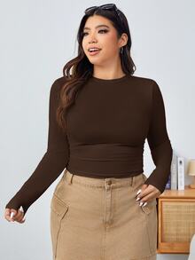 Solflare Plus Size Women Solid Color Long Sleeve Fitted T-Shirts Brown Top Chocolate Tops For Top,Fall - Coffee Brown - View 7