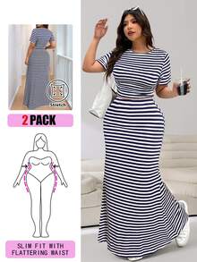 Solflare 2pcs/Set Women Plus Size Casual Vacation T-Shirt And Striped Maxi Skirt, Spring/Summer - Navy Blue - View 2