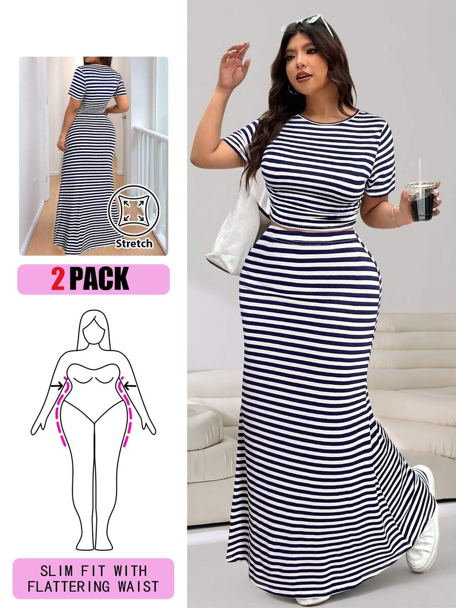 Solflare 2pcs/Set Women Plus Size Casual Vacation T-Shirt And Striped Maxi Skirt, Spring/Summer
