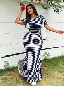 Solflare 2pcs/Set Women Plus Size Casual Vacation T-Shirt And Striped Maxi Skirt, Spring/Summer - Navy Blue - View 5