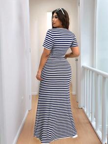 Solflare 2pcs/Set Women Plus Size Casual Vacation T-Shirt And Striped Maxi Skirt, Spring/Summer - Navy Blue - View 3