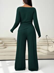 Solflare 2pcs/Set Dark Green Plus Size Women Crew Neck Long Sleeve Top Pants Set/Autumn Formal Casual Fall Lounge Lounge - Dark Green - View 2