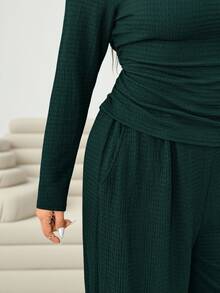 Solflare 2pcs/Set Dark Green Plus Size Women Crew Neck Long Sleeve Top Pants Set/Autumn Formal Casual Fall Lounge Lounge - Dark Green - View 7