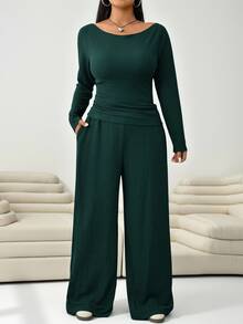 Solflare 2pcs/Set Dark Green Plus Size Women Crew Neck Long Sleeve Top Pants Set/Autumn Formal Casual Fall Lounge Lounge - Dark Green - View 4
