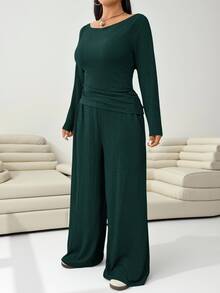 Solflare 2pcs/Set Dark Green Plus Size Women Crew Neck Long Sleeve Top Pants Set/Autumn Formal Casual Fall Lounge Lounge - Dark Green - View 6