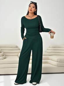 Solflare 2pcs/Set Dark Green Plus Size Women Crew Neck Long Sleeve Top Pants Set/Autumn Formal Casual Fall Lounge Lounge - Dark Green - View 5