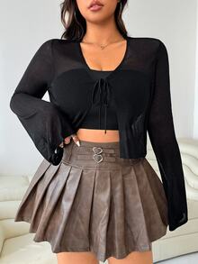 Solflare Cardigan corto de manga larga con lazo delantero para mujer talla grande, color liso, ropa de otoño, sexy, negro, casual de negocios, normal, para noche, vacaciones, oficina y club - Negro - Ver 6
