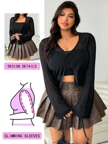 Solflare Cardigan corto de manga larga con lazo delantero para mujer talla grande, color liso, ropa de otoño, sexy, negro, casual de negocios, normal, para noche, vacaciones, oficina y club - Negro - Ver 2