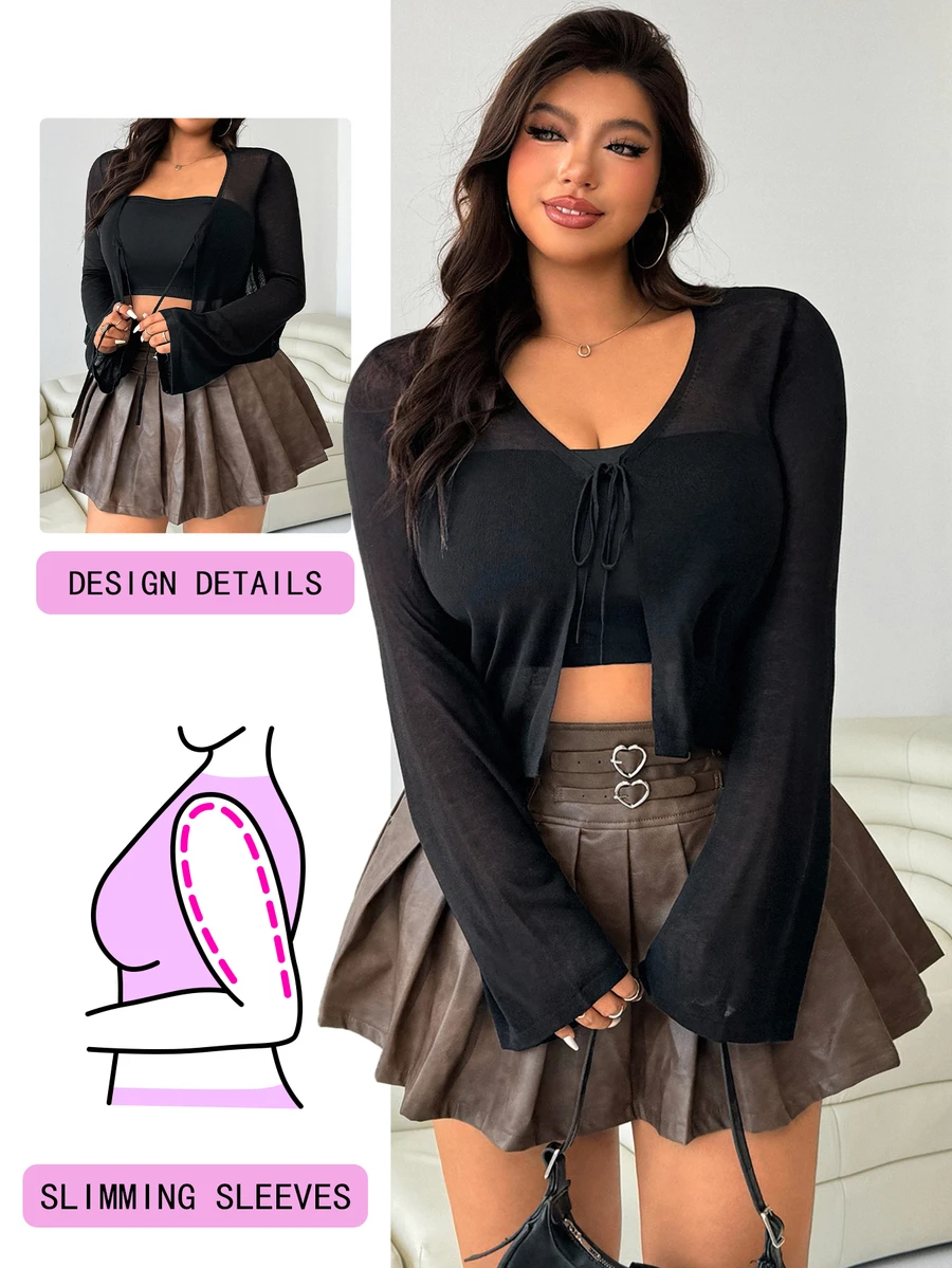 Solflare Cardigan corto de manga larga con lazo delantero para mujer talla grande, color liso, ropa de otoño, sexy, negro, casual de negocios, normal, para noche, vacaciones, oficina y club