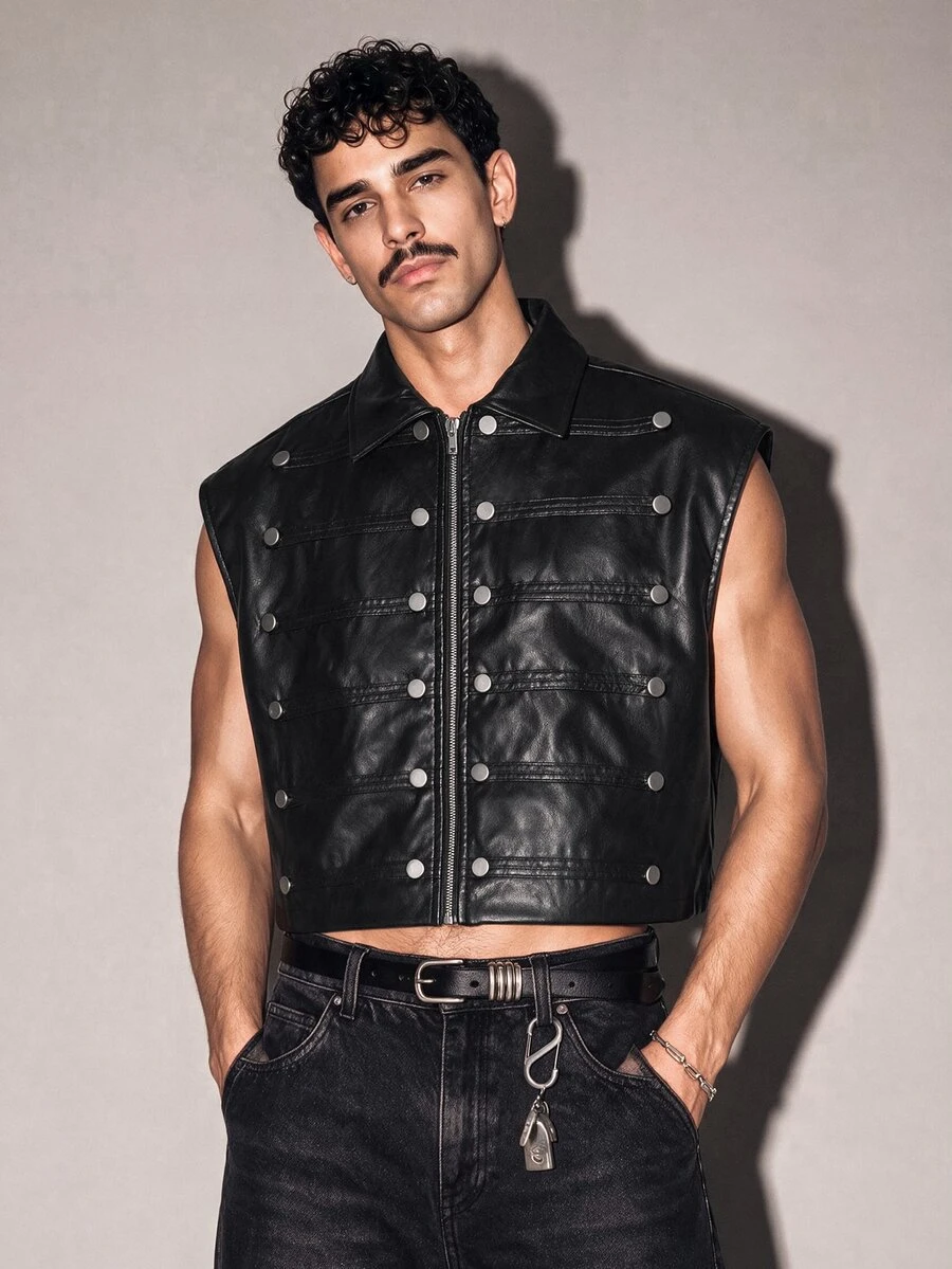 FeverCity Men's Solid Color Lapel Short Vest - Black - View 1