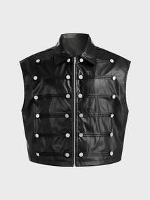 FeverCity Men's Solid Color Lapel Short Vest - Black - View 7
