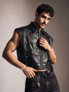 FeverCity Men's Solid Color Lapel Short Vest - Black - View 2