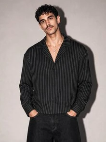 FeverCity Men's Striped Casual Daily Long Sleeve Shirt - Black - View 2