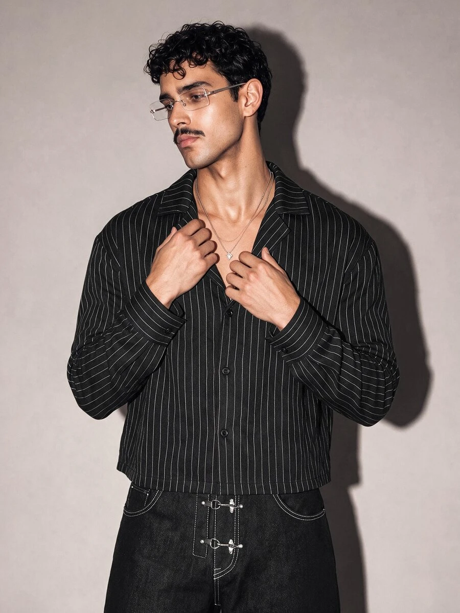 FeverCity Men's Striped Casual Daily Long Sleeve Shirt - Black - View 1