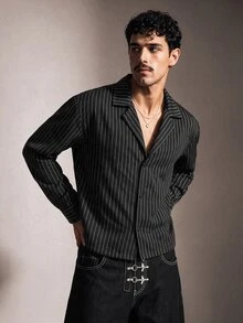 FeverCity Men's Striped Casual Daily Long Sleeve Shirt - Black - View 3