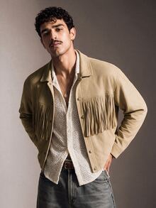 FeverCity Men's Long Sleeve Tassel Design Single-Breasted Casual Jacket - Khaki - View 3