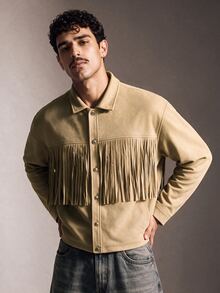 FeverCity Men's Long Sleeve Tassel Design Single-Breasted Casual Jacket - Khaki - View 1