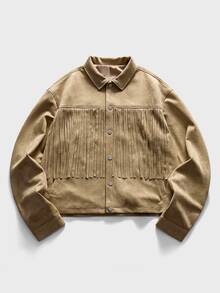 FeverCity Men's Long Sleeve Tassel Design Single-Breasted Casual Jacket - Khaki - View 5