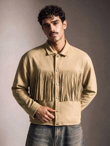 FeverCity Men's Long Sleeve Tassel Design Single-Breasted Casual Jacket - Khaki - View 4